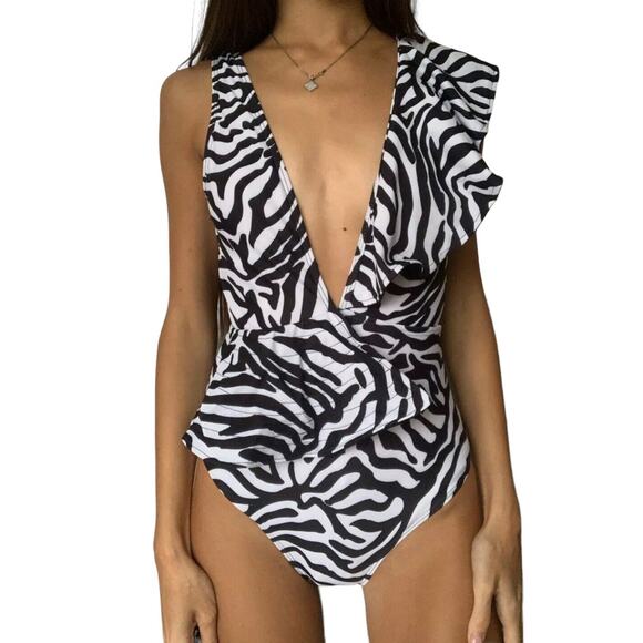 Women One Piece Swimsuit Sexy Zebra V Neck Small Swimwear Ruffle Bathing Beach - Picture 5 of 11